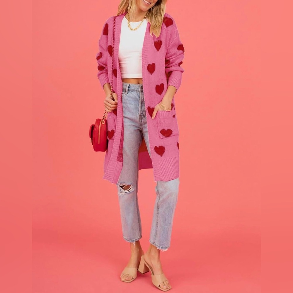 Pink Heart Print Long Cardigan | Valentine’s Day Cozy Knit